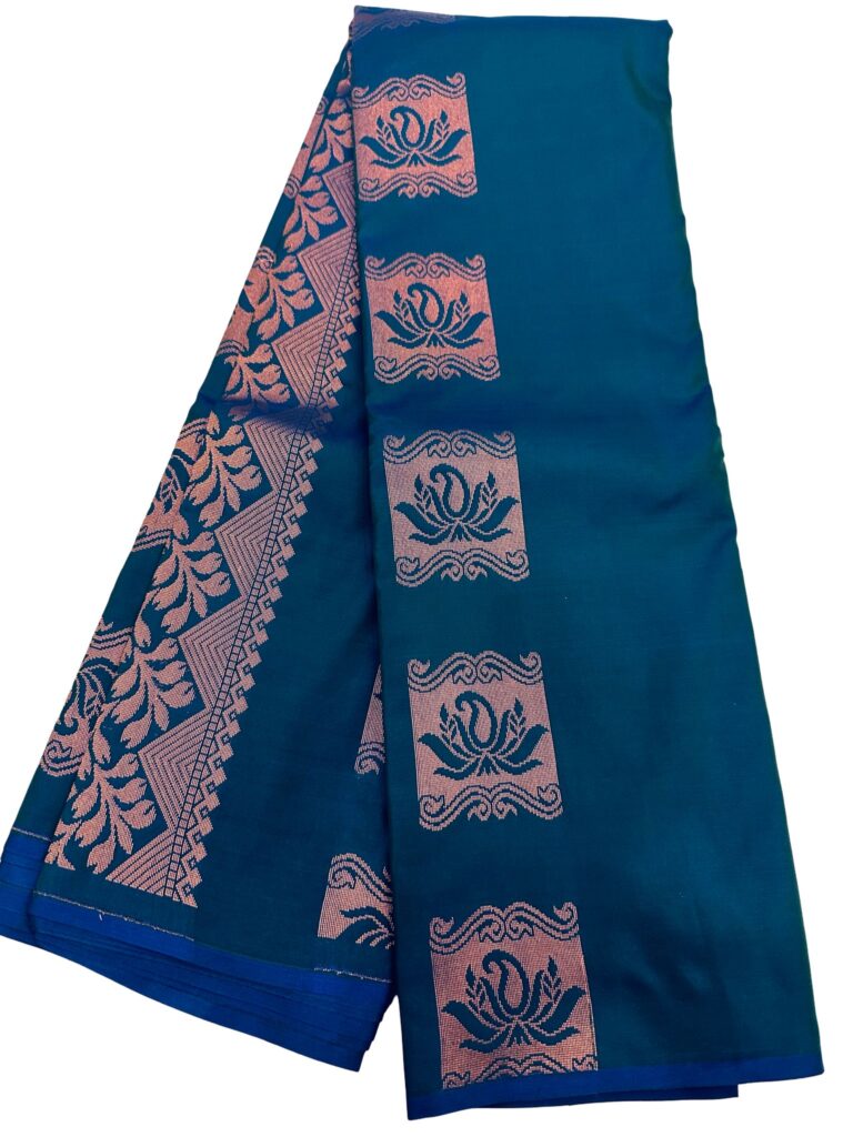 Peacock Blue Soft Silk Saree with Copper Zari Border, Kanchipuram Style Saree, Traditional South Indian, Wedding Festive Saree, Party Wear