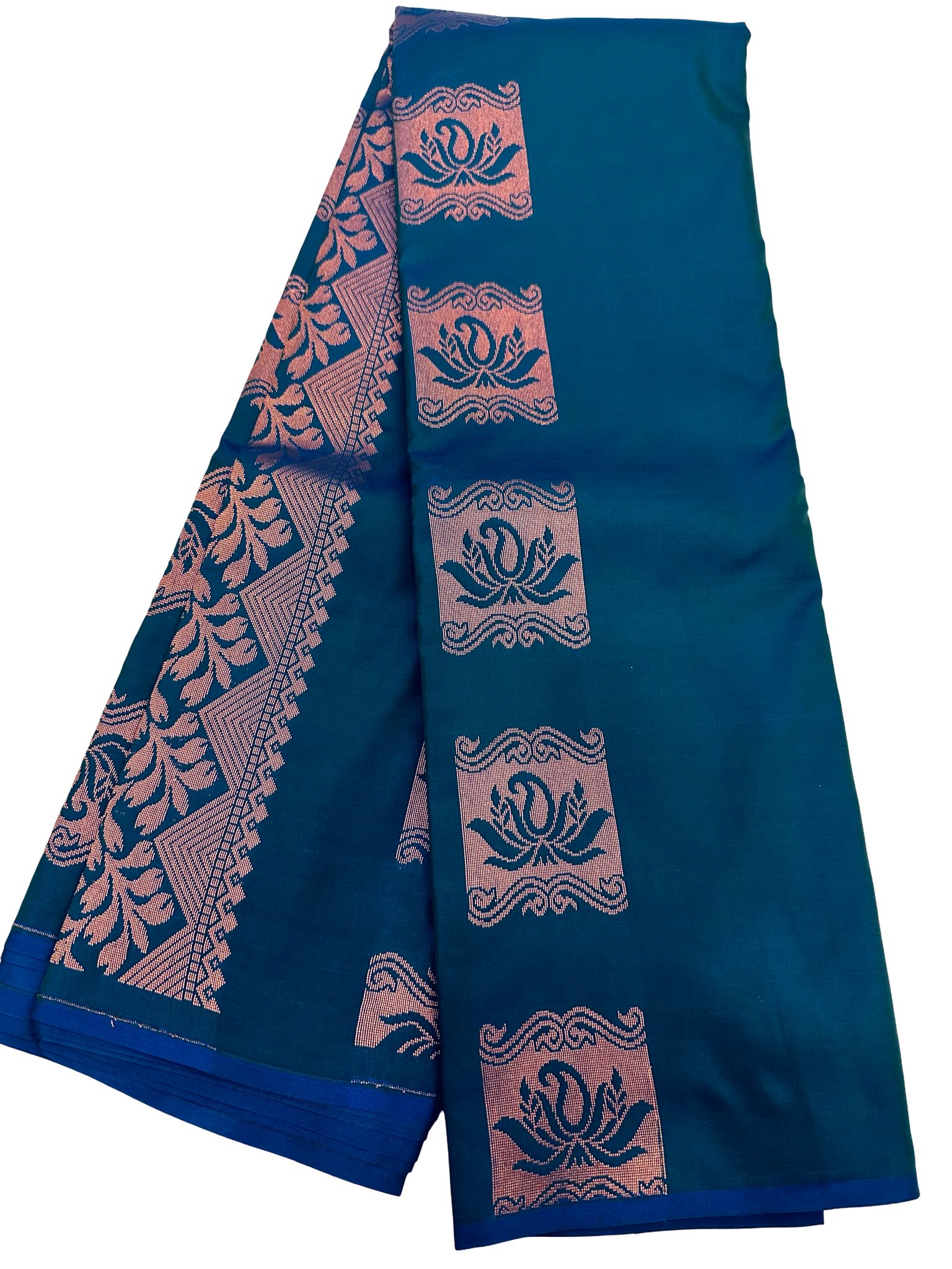 Peacock Blue Soft Silk Saree with Copper Zari Border, Kanchipuram Style Saree, Traditional South Indian, Wedding Festive Saree, Party Wear - Image 2