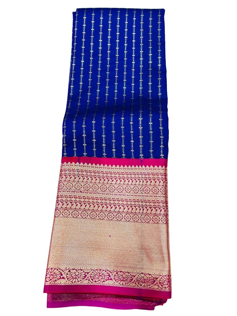 Royal Blue Kanchipuram Semi Silk Saree with Pink Zari Border | Traditional South Indian Wedding Saree | Rich Pallu | Festive Party Wear