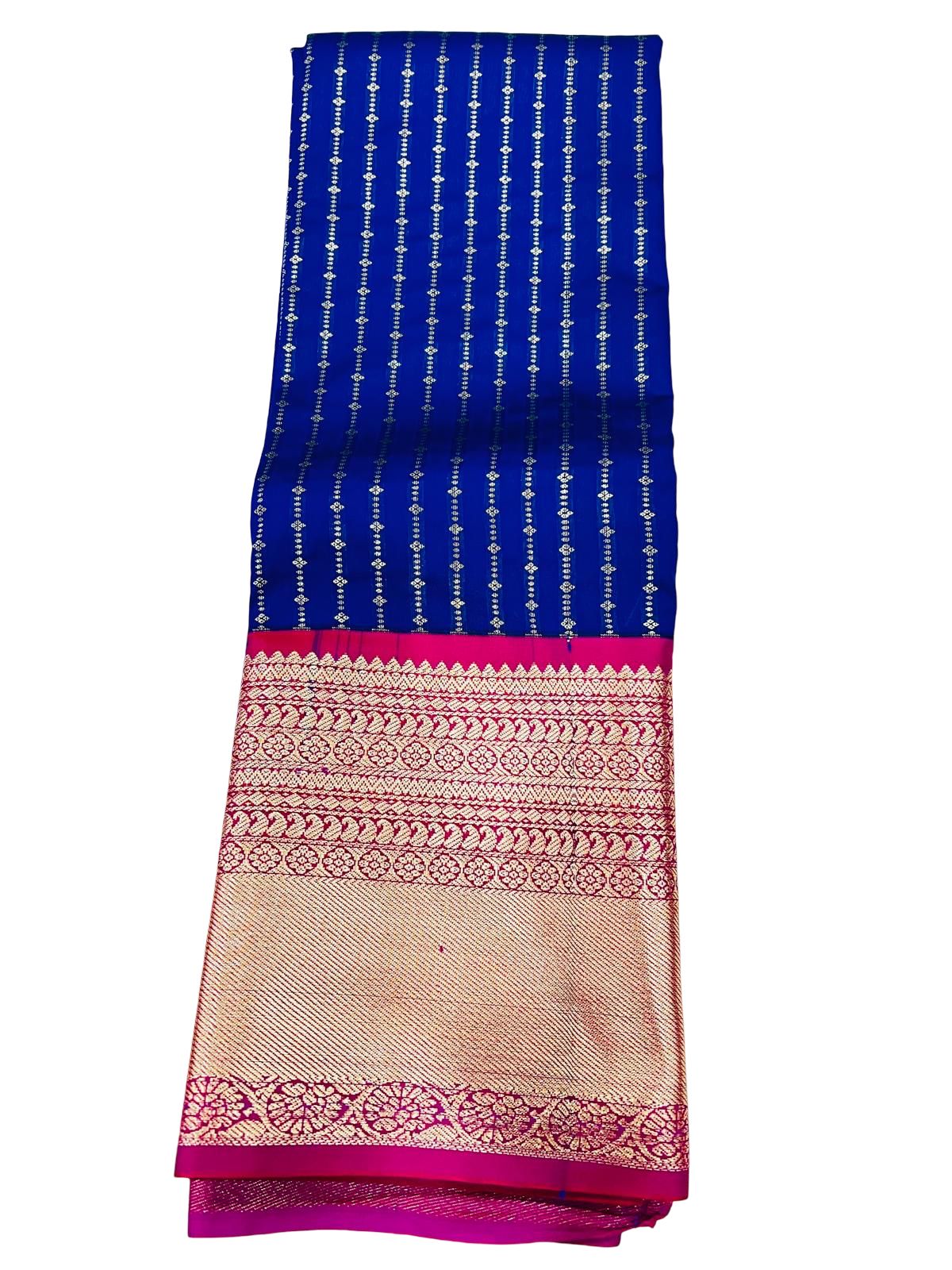Royal Blue Kanchipuram Semi Silk Saree with Pink Zari Border | Traditional South Indian Wedding Saree | Rich Pallu | Festive Party Wear - Image 5
