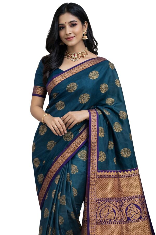 Peacock Green Kanchipuram Semi Silk Saree with Purple Border, Buttery Soft Silk Saree, Rich Zari Pallu, Traditional South, Festive Wear