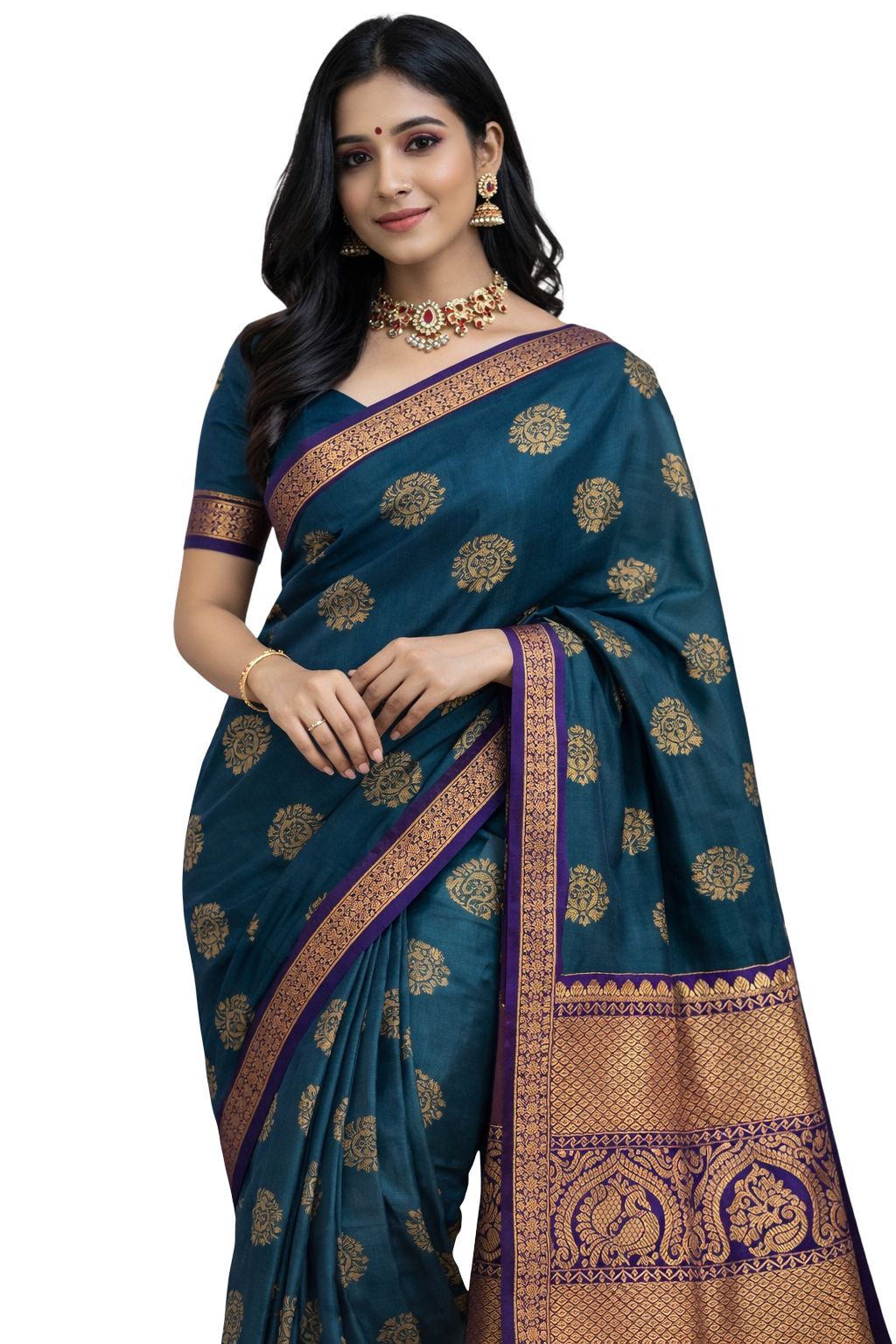 Peacock Green Kanchipuram Semi Silk Saree with Purple Border, Buttery Soft Silk Saree, Rich Zari Pallu, Traditional South, Festive Wear - Image 1