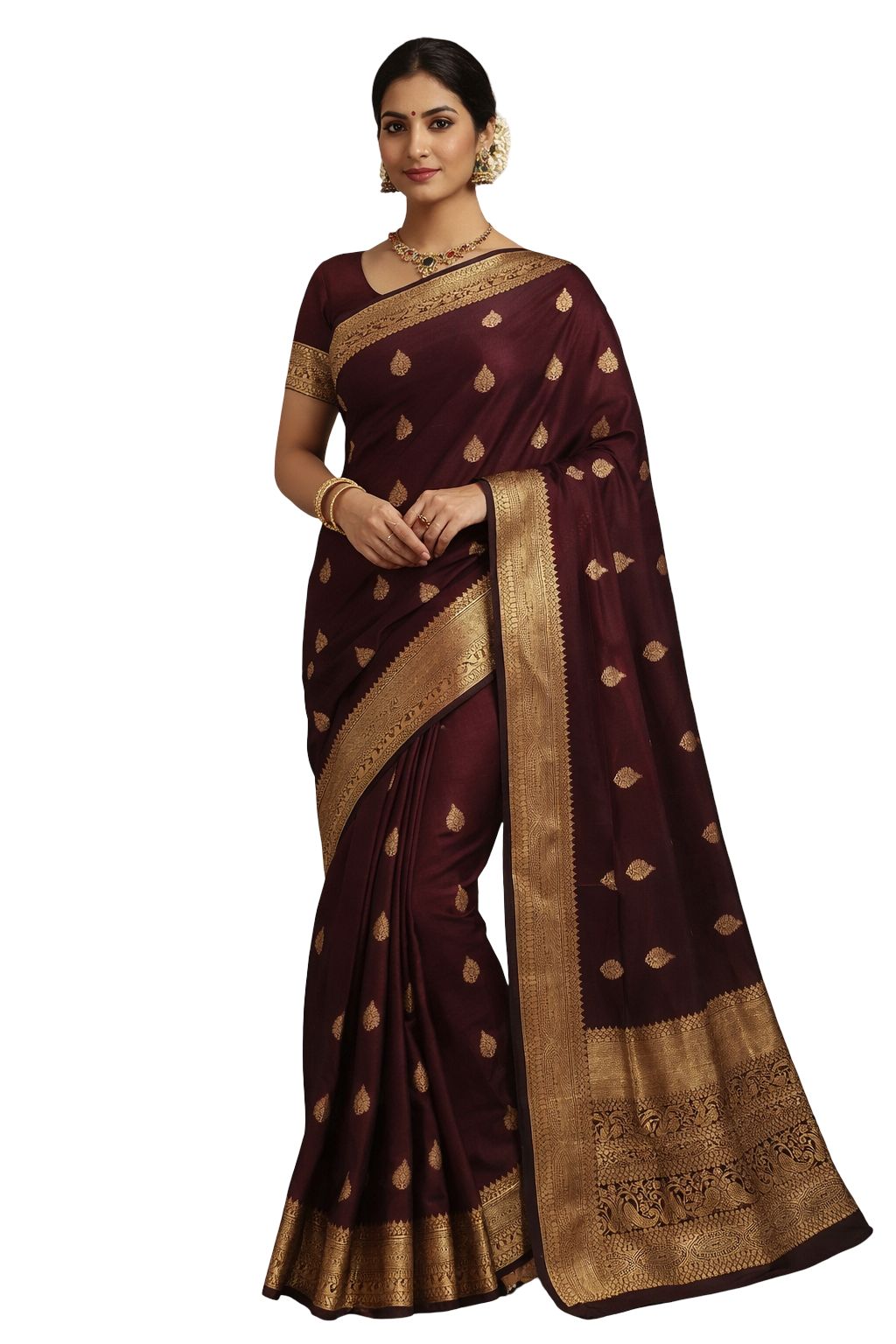 Dark Brown Kanchipuram Soft Silk Saree, Rich Zari Pallu Saree, Traditional South, Temple Border Silk Saree, Festive Party Wear - Image 1