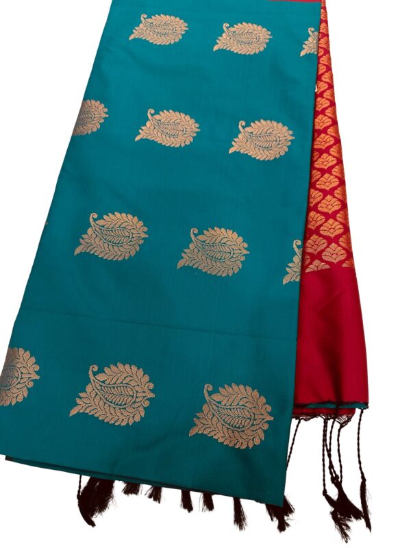 Teal Green Silk Saree with Red Zari Border, Kanchipuram Style Saree, Traditional Indian Wedding Saree, Paisley Butta, Festive Party Wear - Image 2