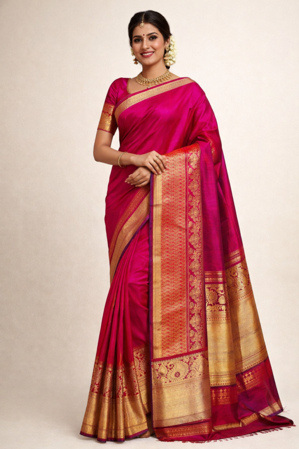 Kanchipuram Semi Silk Saree Pink | Hot Pink Wedding Saree with Rich Zari Border | Traditional South Indian | Bridal Party Wear