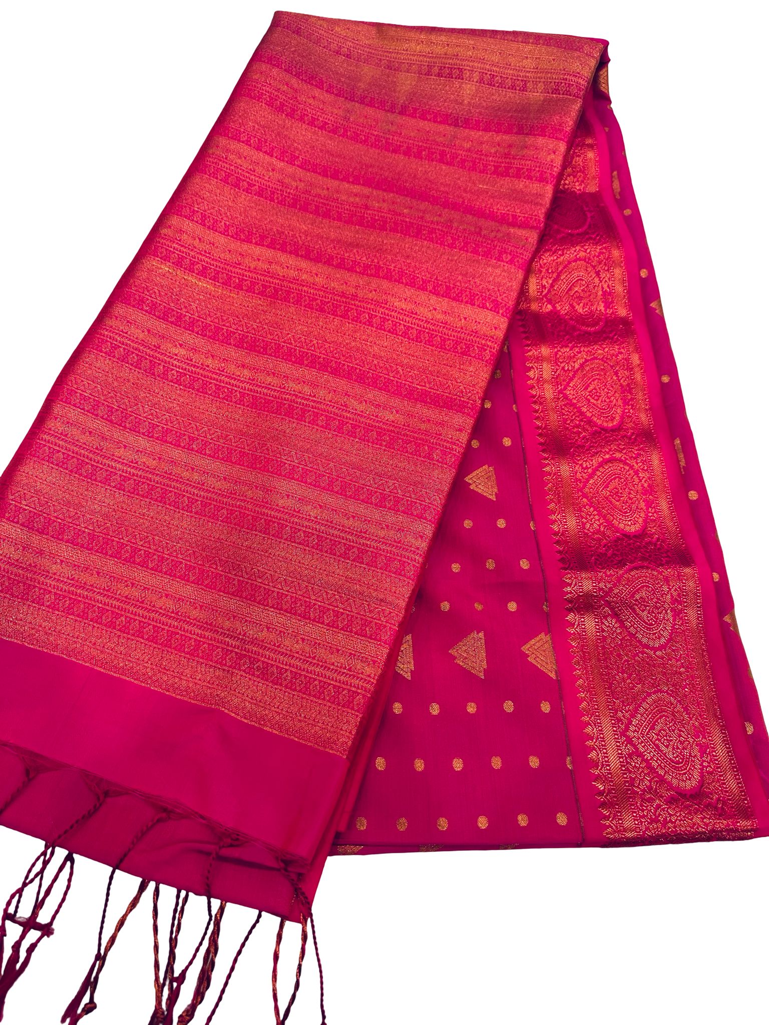Rani Pink Kanchipuram Semi Silk Saree, Gold Zari Butta Saree, Triangle Motif Silk Saree, Wedding Party , Traditional South, Festive Wear - Image 3