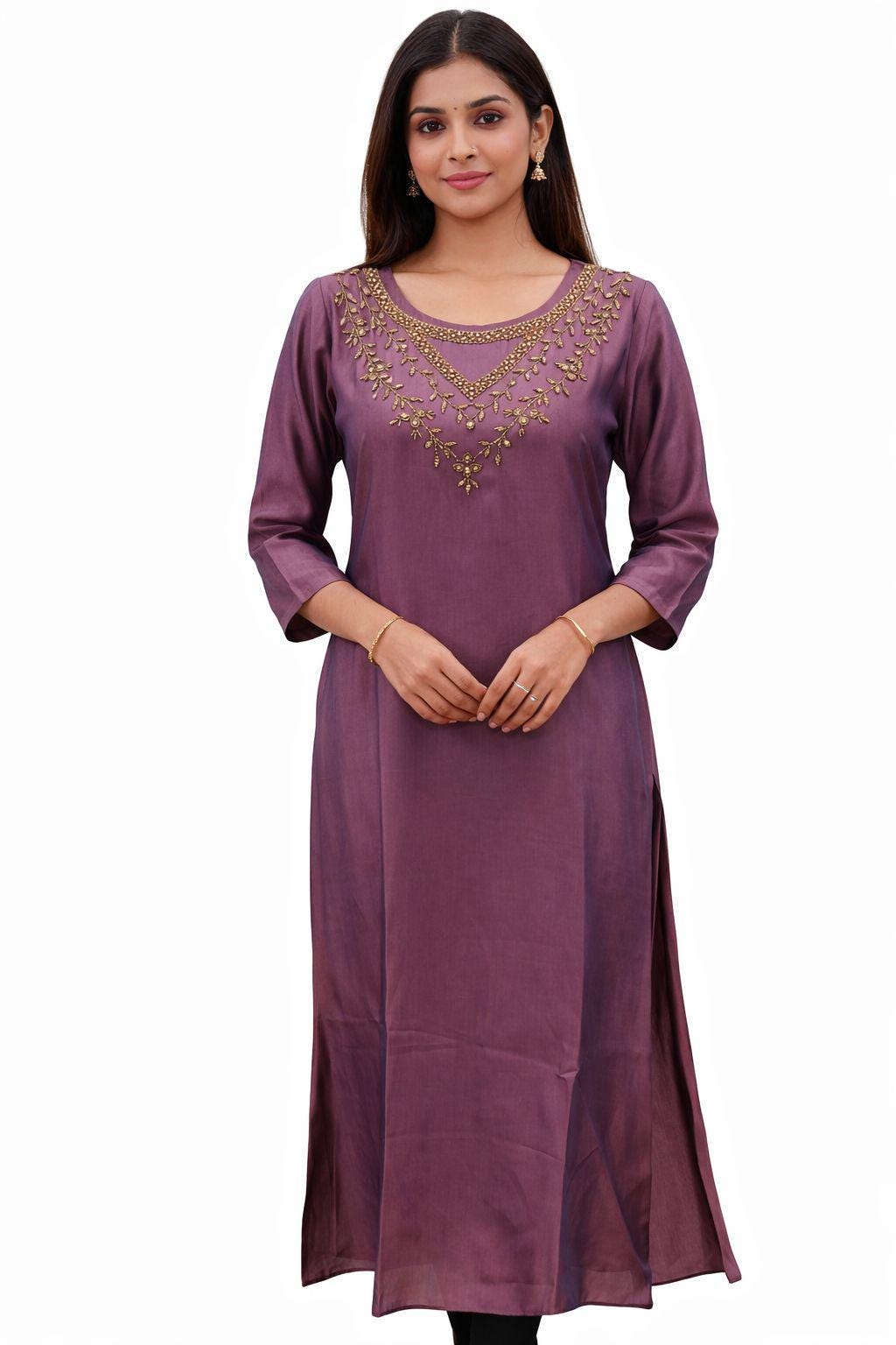 Plum Purple Embroidered Kurti | Indian Tunic Top - Image 1
