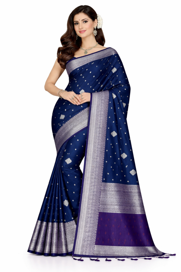 Navy Blue Small Butta Silk Saree | Minimal Design Kanchipuram Style Saree | Silver Zari Border Saree | Elegant Lightweight Party Wear