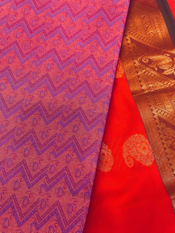Red Soft Silk Saree with Purple Zari Pallu, Traditional Paisley Butta Saree, Kanchipuram Style Silk Saree, Bridal Festive Indian Saree - Image 5