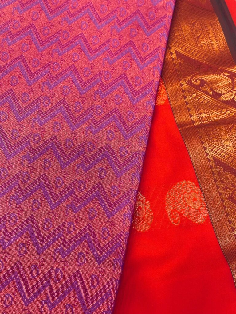 Red Soft Silk Saree with Purple Zari Pallu, Traditional Paisley Butta Saree, Kanchipuram Style Silk Saree, Bridal Festive Indian Saree