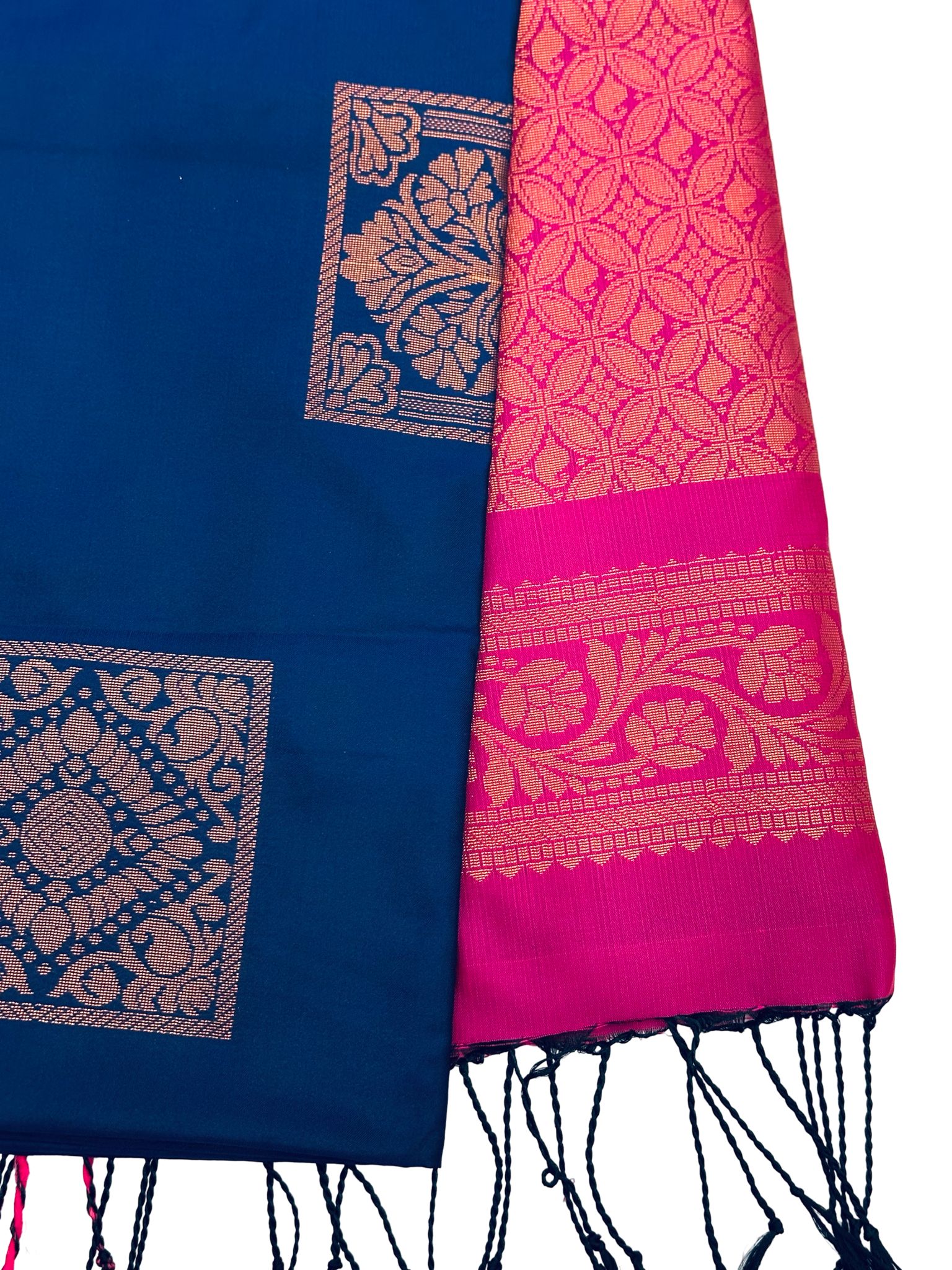 Royal Blue Pink Kanchipuram Style Silk Saree, Contrast Hot Pink Zari Border Saree, Traditional South Indian Wedding Saree, Party Wear - Image 2