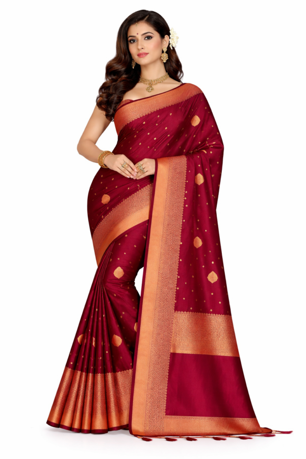 Maroon Kanchipuram Style Silk Saree with Rich Zari Border | Copper Zari Butta Saree | South Indian Wedding Saree | Festive Party Saree