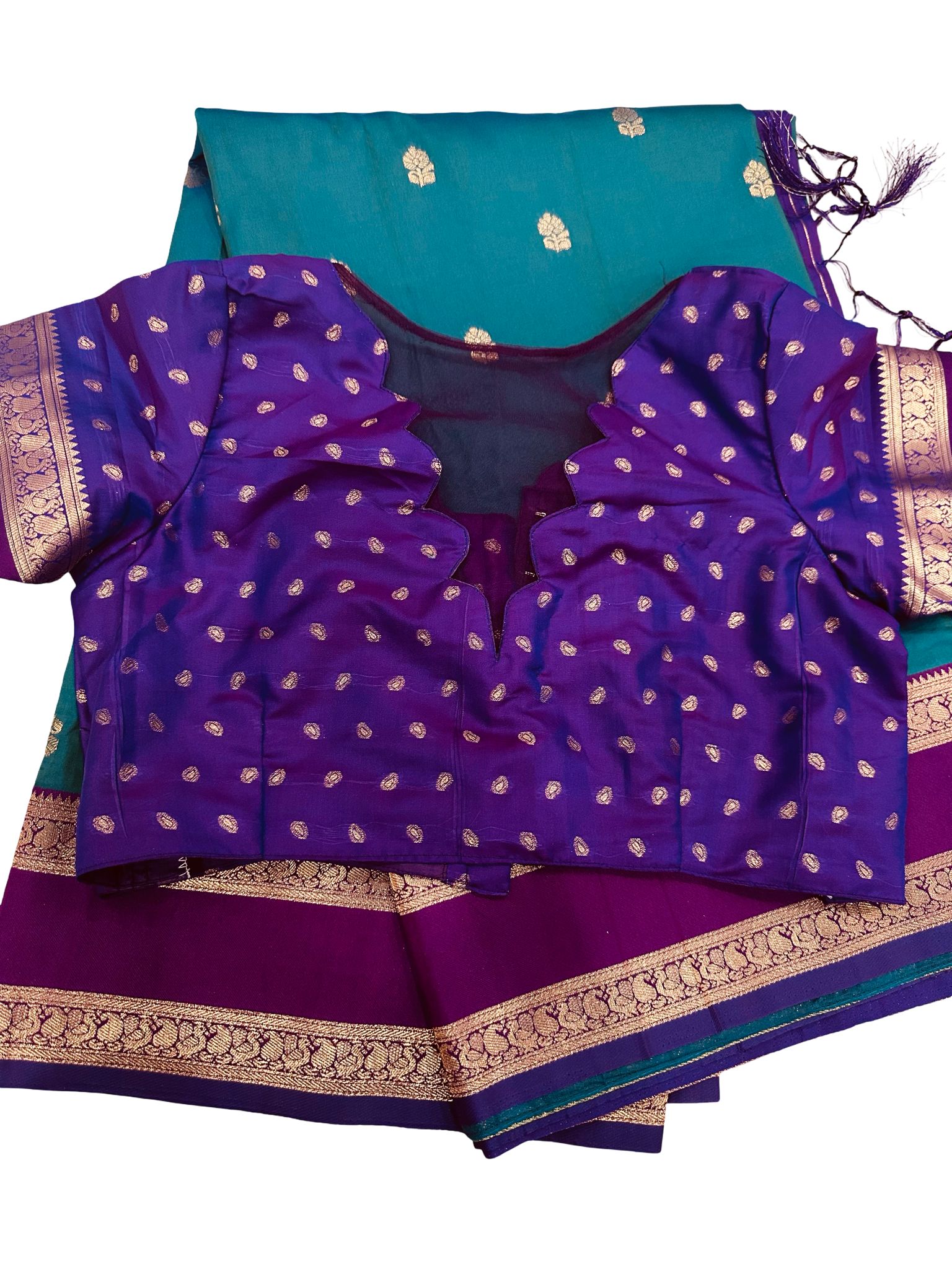 Teal Blue Silk Saree with Purple Border Blouse, Kanchipuram Style Saree, Traditional South Indian Saree, Zari Butta Saree - Image 3