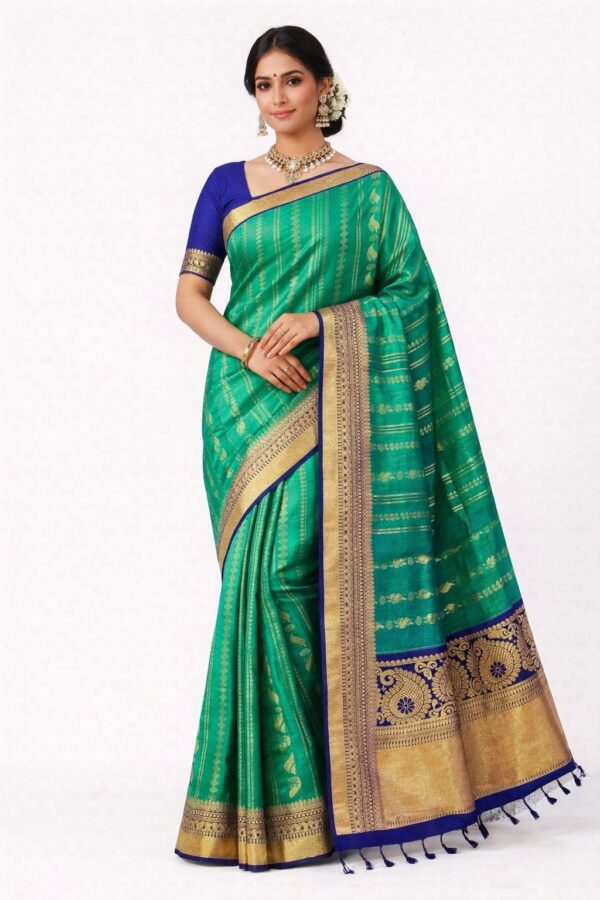 Kanchipuram Semi Silk Saree Green Purple, Temple Border Saree, South Indian Wedding Saree, Traditional Silk Saree, Festive Party Wear Saree