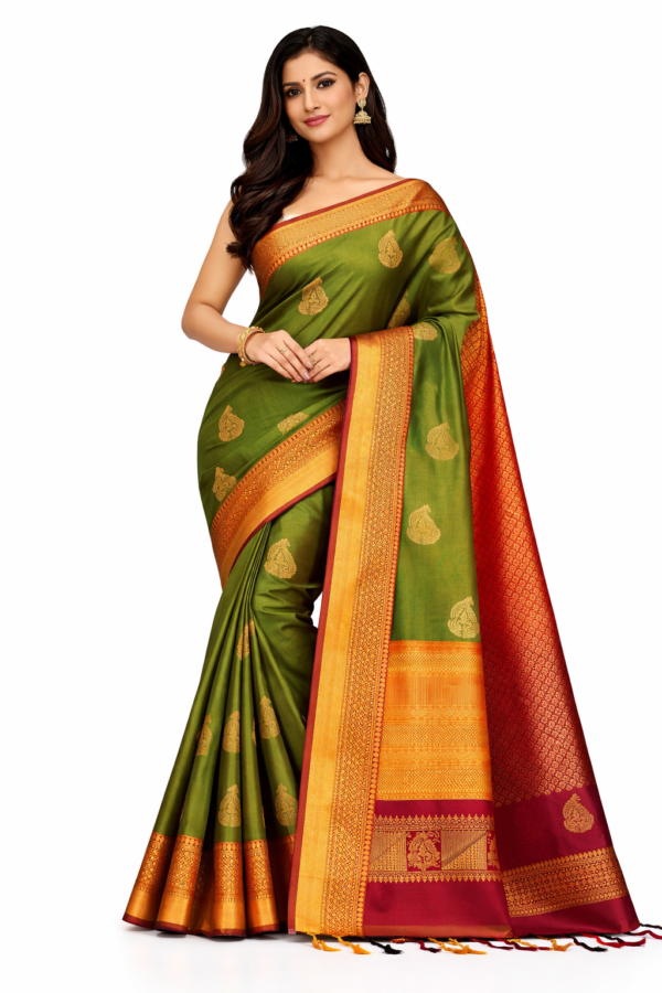 Green Silk Saree with Wine Pallu | Retta Petta Border Kanchipuram Style Saree | Gold Zari Butta Saree | Traditional Wedding Saree