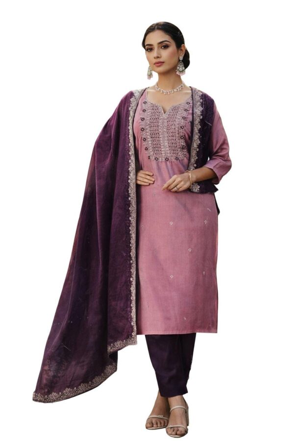 Embroidered Kurta Shalwar Dupatta Set | Onion Pink & Purple Party Wear