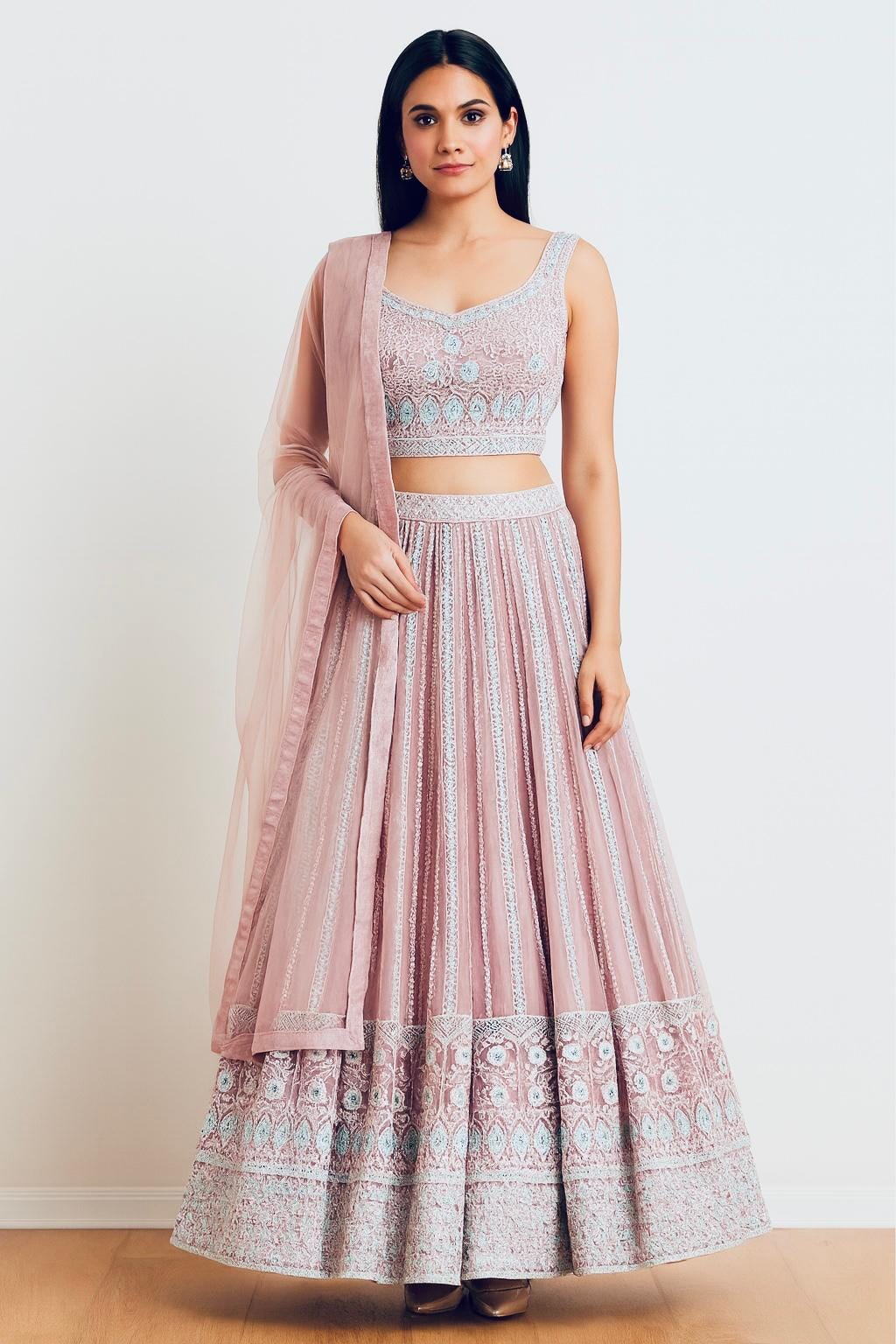 Dusty Pink Embroidered Lehenga Choli • Soft Net Bridal Set • Mirror Work Party Wear - Image 1