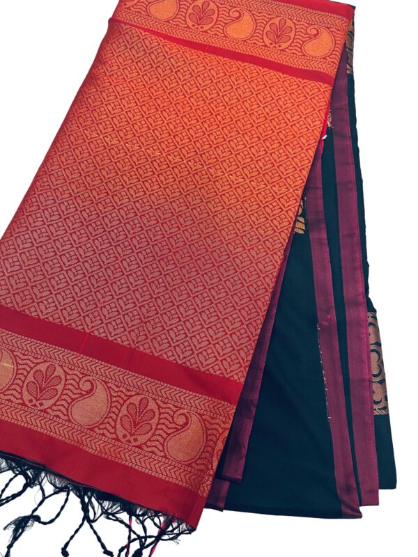 Black Silk Saree with Red Kanchipuram Border, Traditional South Indian Saree, Gold Zari Motif Saree, Festive Party Wear - Image 4