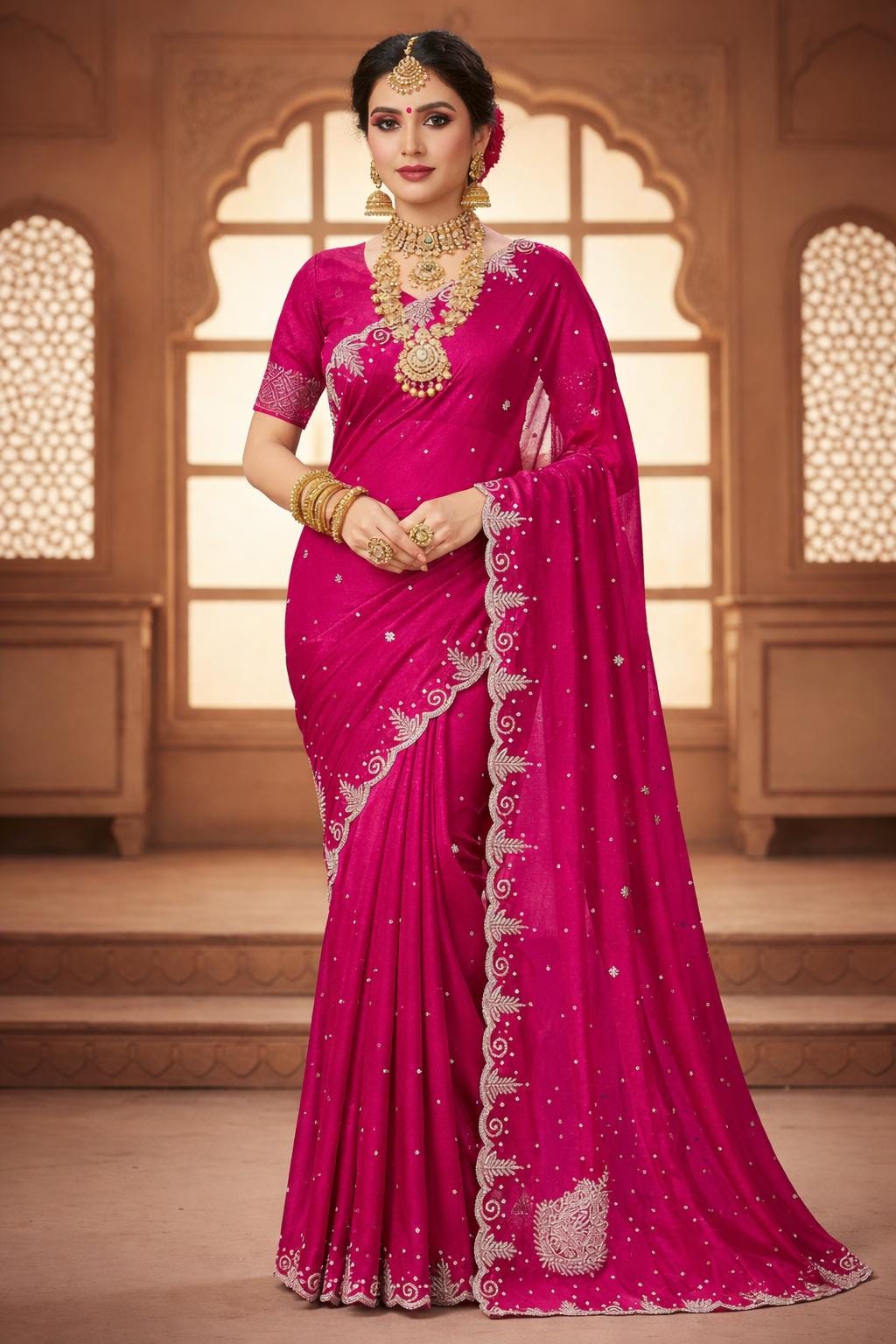 Designer Saree with Heavy Jarkan Embroidery and Handwork Border - Image 1