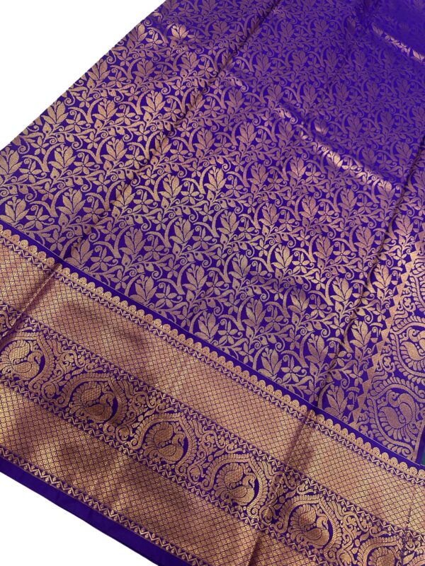 Peacock Green Kanchipuram Semi Silk Saree with Purple Border, Buttery Soft Silk Saree, Rich Zari Pallu, Traditional South, Festive Wear - Image 5