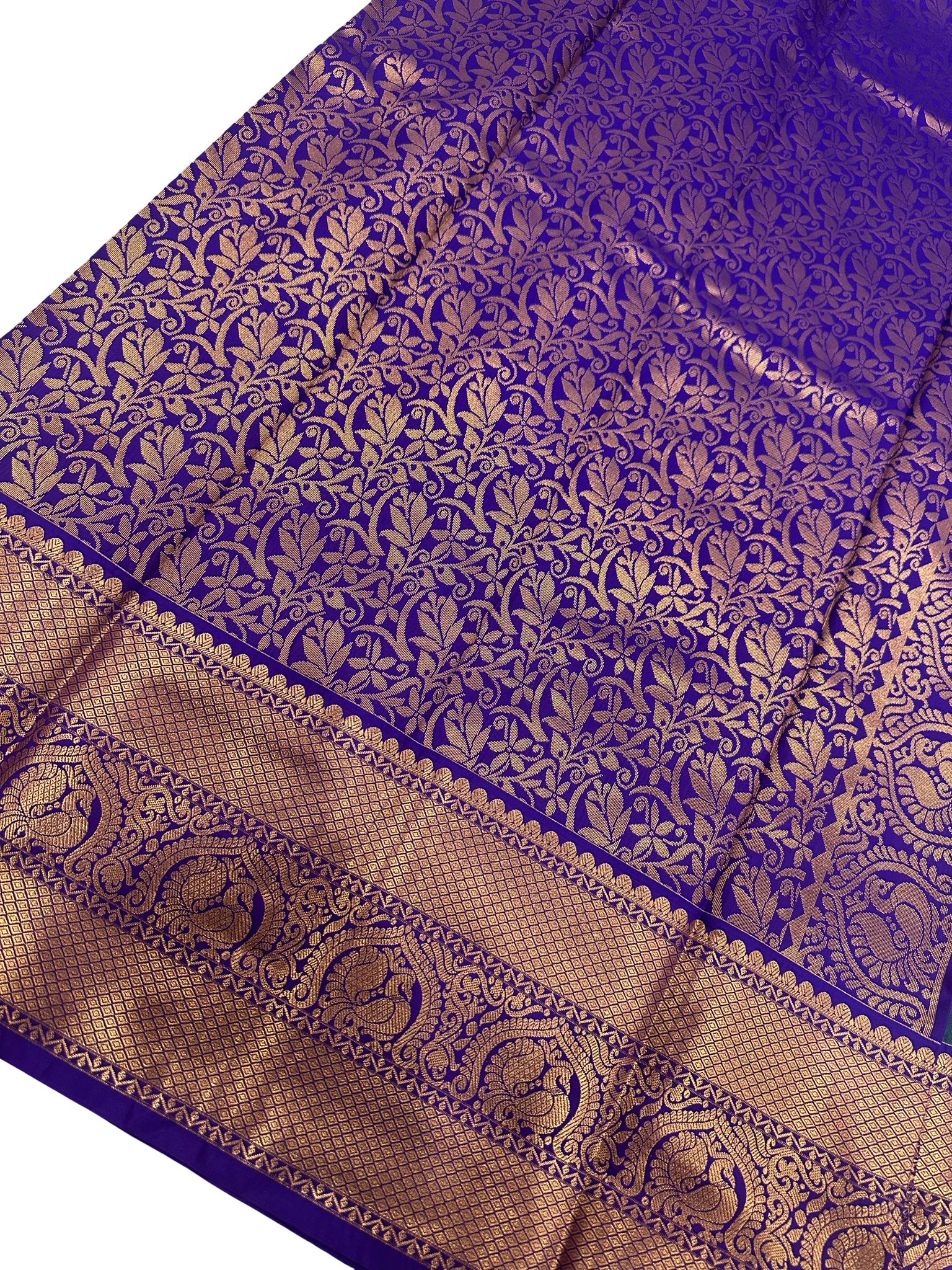 Peacock Green Kanchipuram Semi Silk Saree with Purple Border, Buttery Soft Silk Saree, Rich Zari Pallu, Traditional South, Festive Wear - Image 5