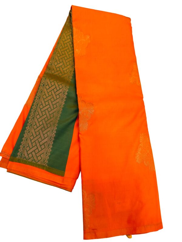 Orange Soft Silk Saree with Green Zari Border, Kanchipuram Style Saree, Traditional South Indian Saree, Wedding Festive Saree, Party Wear - Image 3