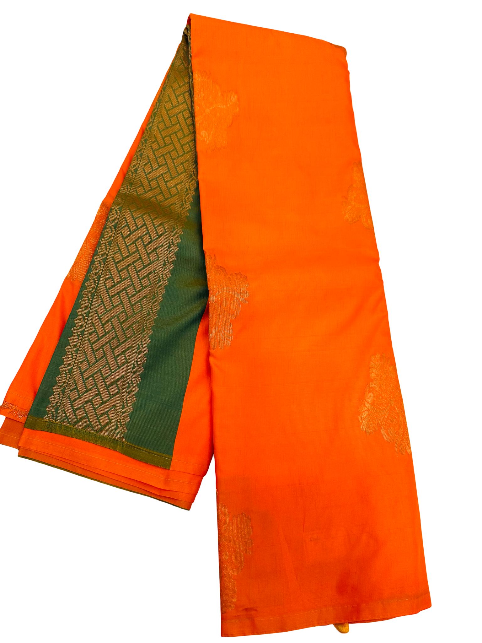 Orange Soft Silk Saree with Green Zari Border, Kanchipuram Style Saree, Traditional South Indian Saree, Wedding Festive Saree, Party Wear - Image 3