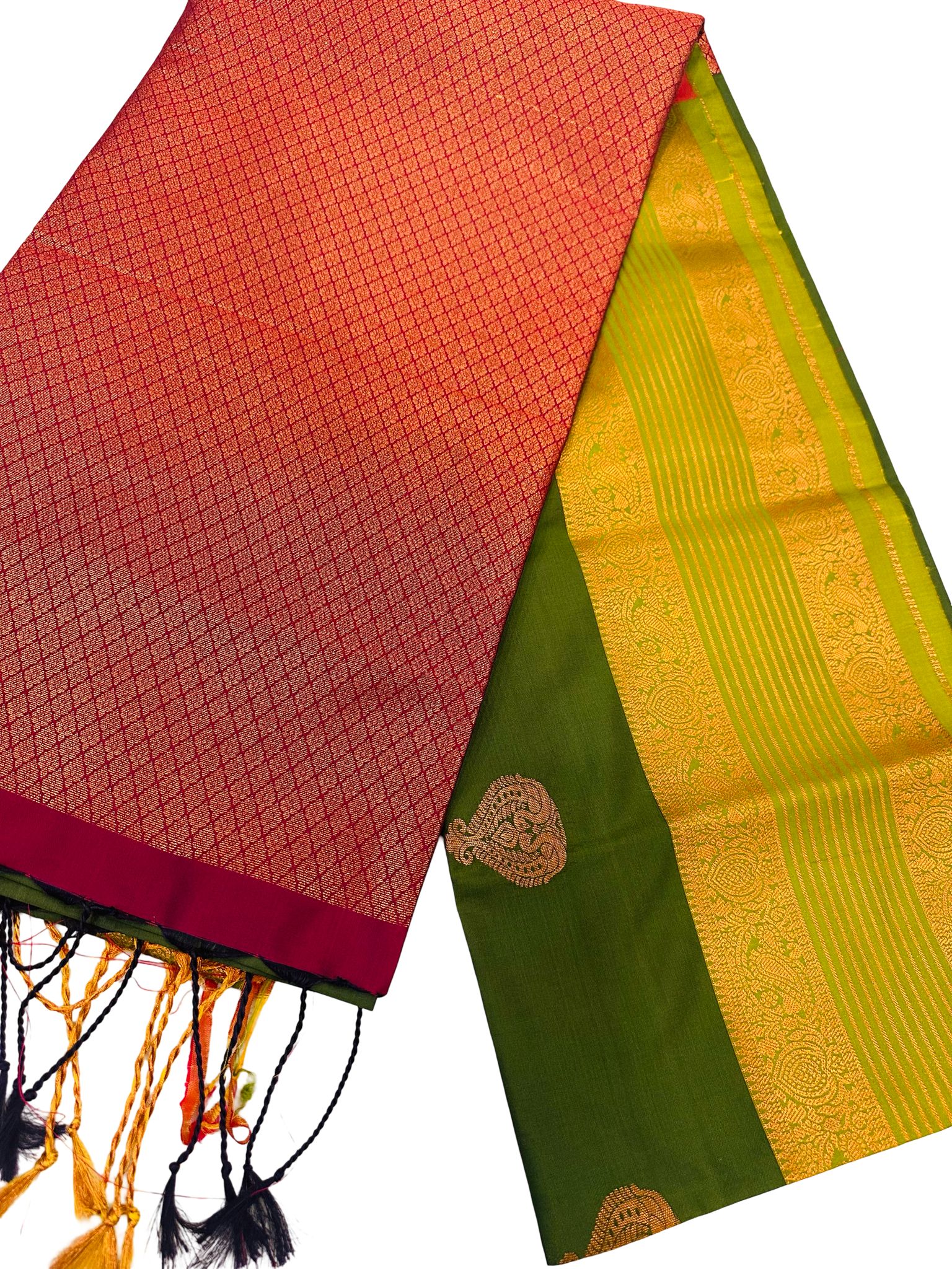 Green Silk Saree with Wine Pallu | Retta Petta Border Kanchipuram Style Saree | Gold Zari Butta Saree | Traditional Wedding Saree - Image 2