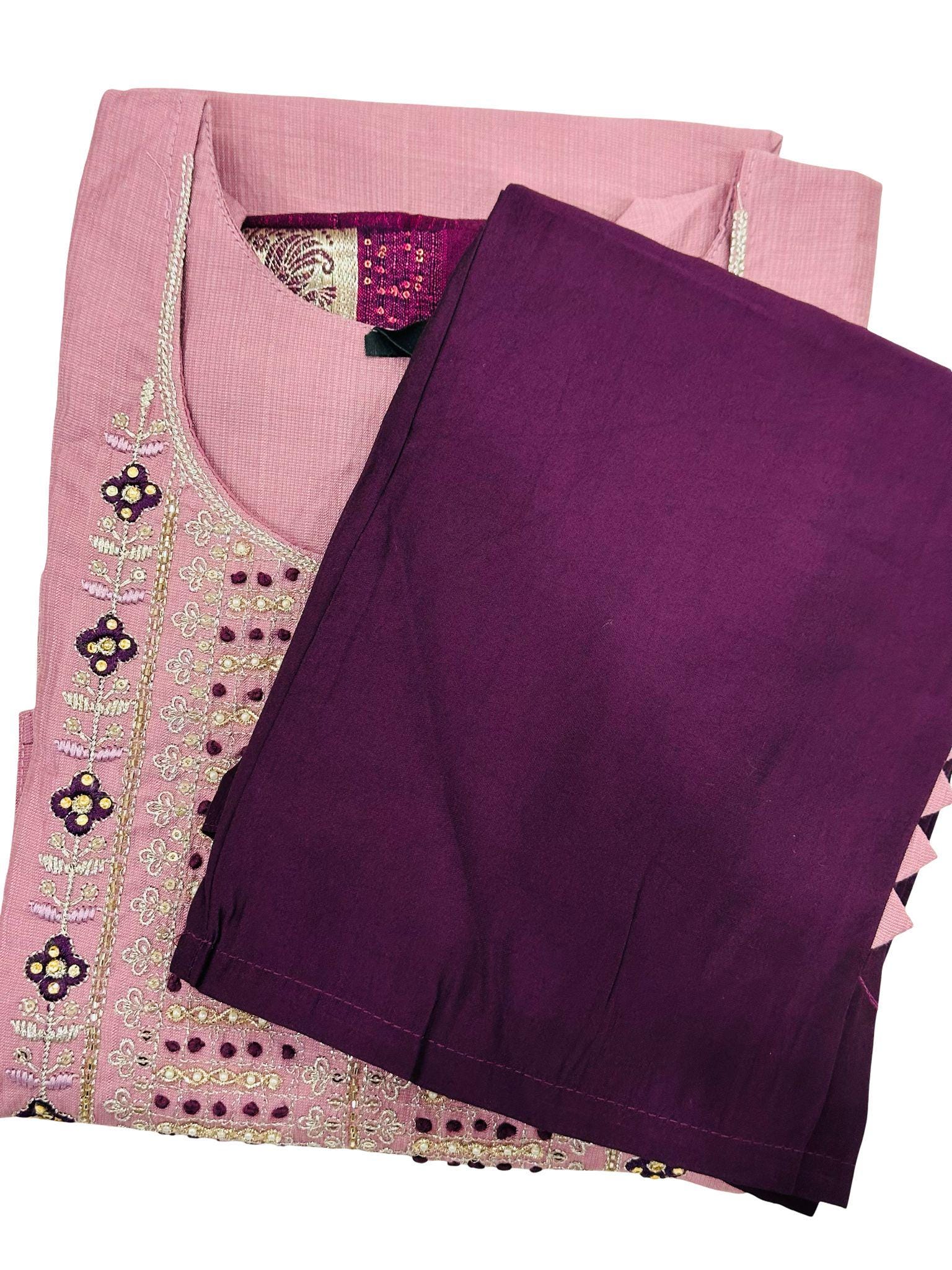 Embroidered Kurta Shalwar Dupatta Set | Onion Pink & Purple Party Wear - Image 4