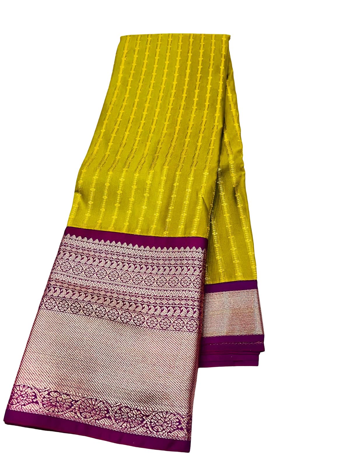 Kanchipuram Semi Silk Saree Green Yellow with Purple Border, Rich Zari Pallu Saree, South Indian Wedding, Traditional Festive Wear - Image 3