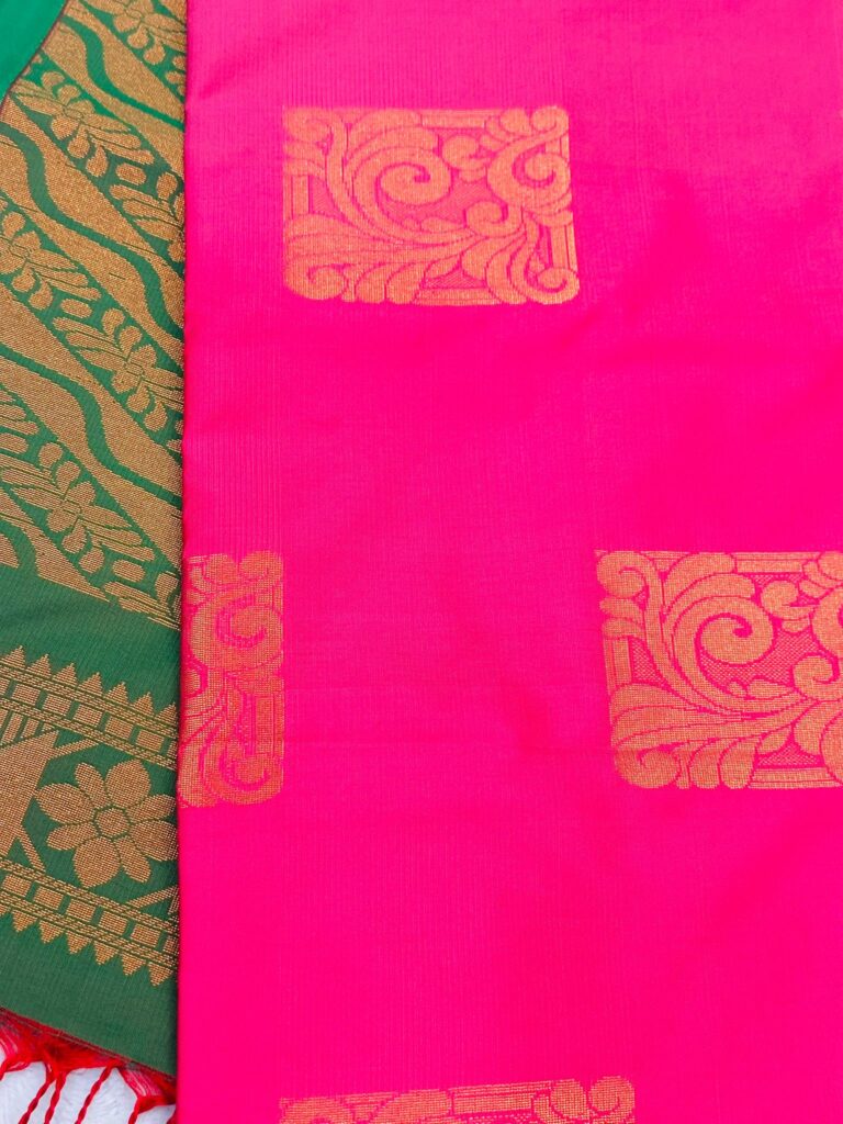 Rani Pink Silk Saree with Green Border | Kanchipuram Style Saree | Gold Zari Butta Saree | Traditional Wedding Festive Saree