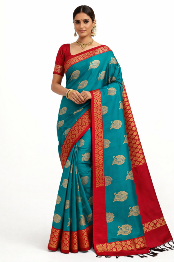 Teal Green Silk Saree with Red Zari Border, Kanchipuram Style Saree, Traditional Indian Wedding Saree, Paisley Butta, Festive Party Wear