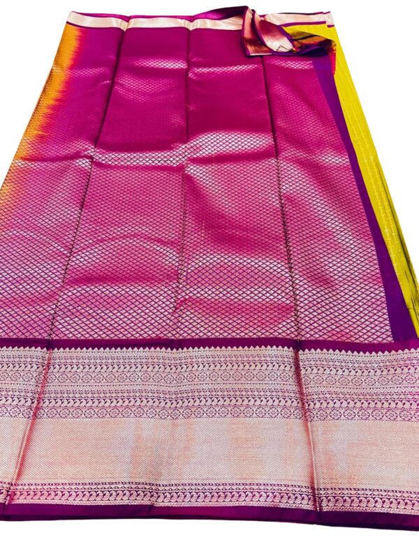 Kanchipuram Semi Silk Saree Green Yellow with Purple Border, Rich Zari Pallu Saree, South Indian Wedding, Traditional Festive Wear - Image 5