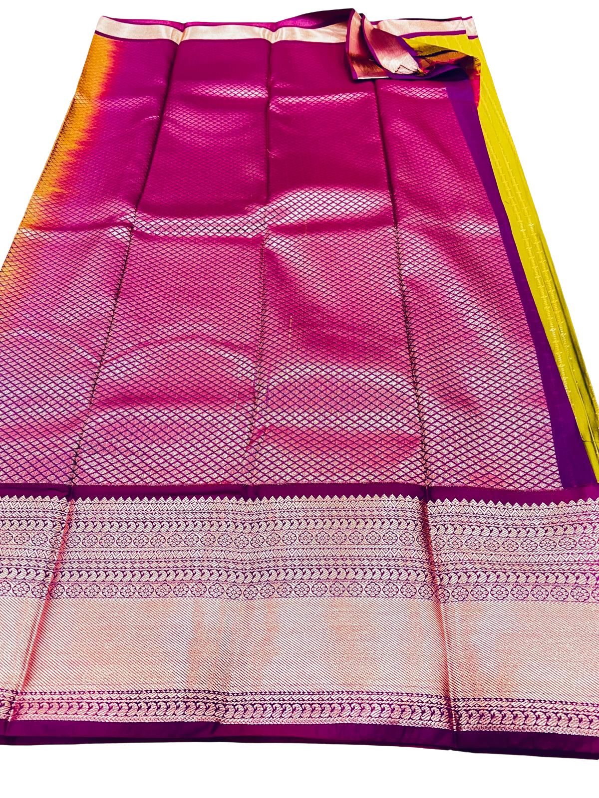 Kanchipuram Semi Silk Saree Green Yellow with Purple Border, Rich Zari Pallu Saree, South Indian Wedding, Traditional Festive Wear - Image 5