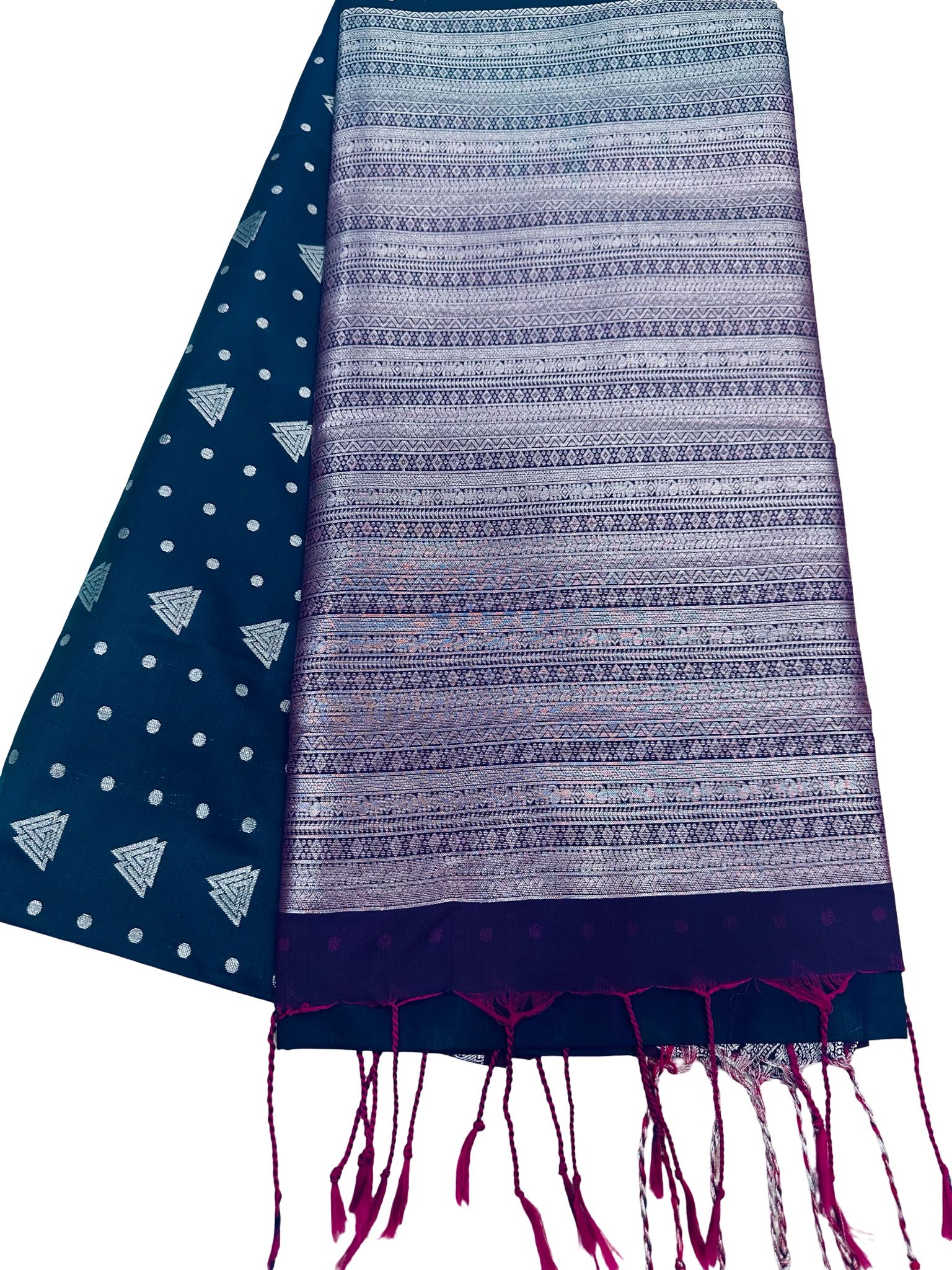 Navy Blue Small Butta Silk Saree | Minimal Design Kanchipuram Style Saree | Silver Zari Border Saree | Elegant Lightweight Party Wear - Image 2