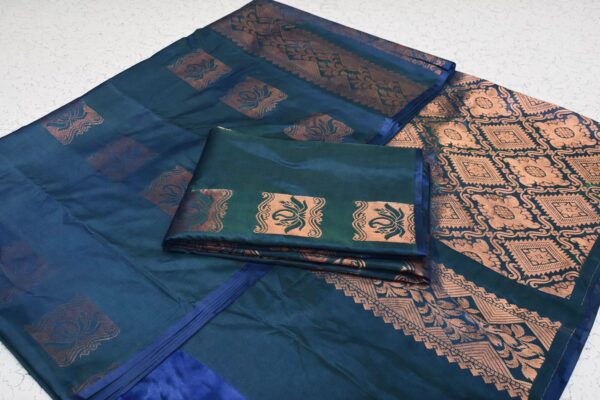 Peacock Blue Soft Silk Saree with Copper Zari Border, Kanchipuram Style Saree, Traditional South Indian, Wedding Festive Saree, Party Wear - Image 3