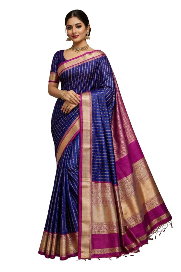 Royal Blue Kanchipuram Semi Silk Saree with Pink Zari Border | Traditional South Indian Wedding Saree | Rich Pallu | Festive Party Wear