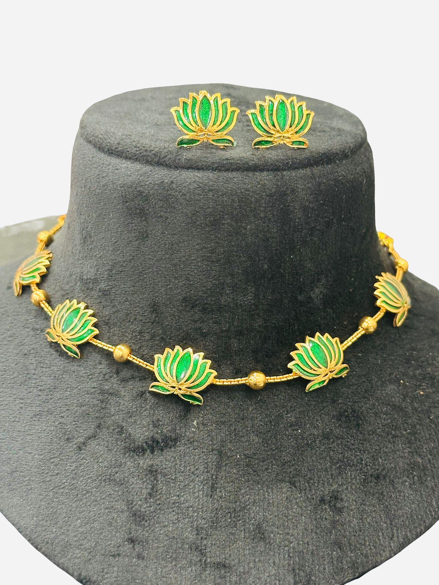 Lotus Necklace Set Gold Plated | Red & Green Enamel Floral Necklace with Matching Stud Earrings - Image 3