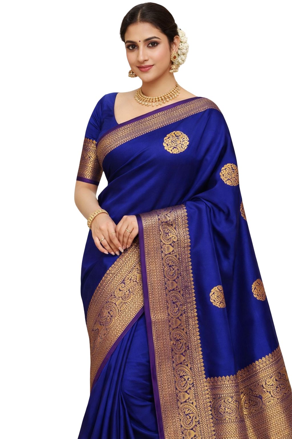 Warm Silk Saree with Zari Border, Kanjeevaram Style - Rani Pink, Sky Blue, Navy Blue, Maroon, Purple Variations - Image 1