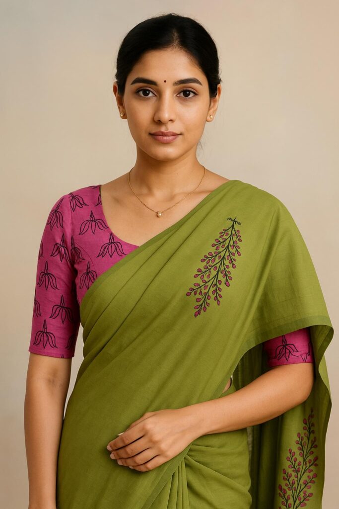 Cotton Saree in Cream and Green colour