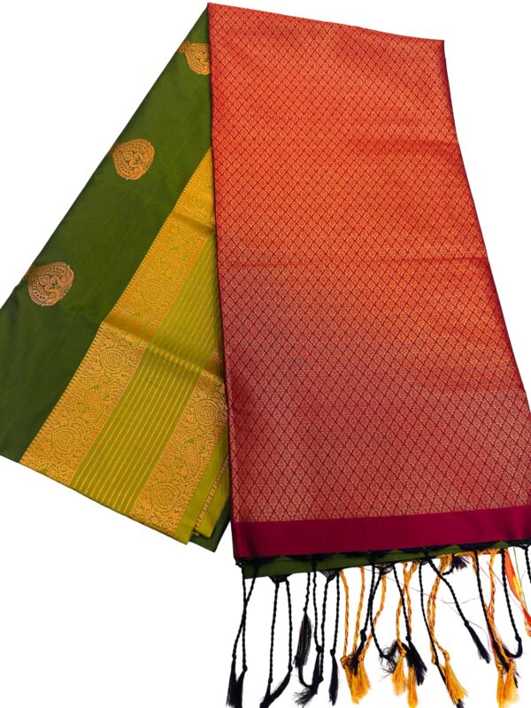 Green Silk Saree with Wine Pallu | Retta Petta Border Kanchipuram Style Saree | Gold Zari Butta Saree | Traditional Wedding Saree - Image 3