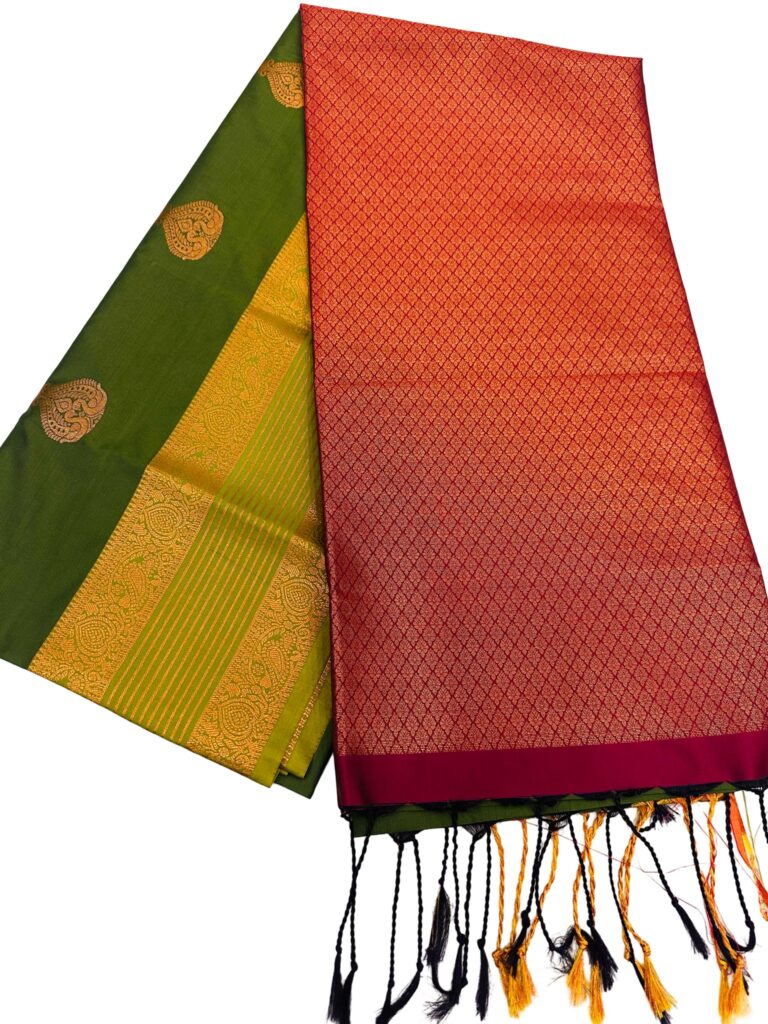 Green Silk Saree with Wine Pallu | Retta Petta Border Kanchipuram Style Saree | Gold Zari Butta Saree | Traditional Wedding Saree