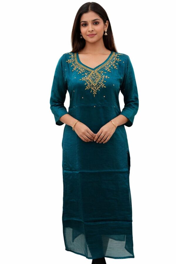 Teal Blue Embroidered Kurti | Indian Ethnic Tunic