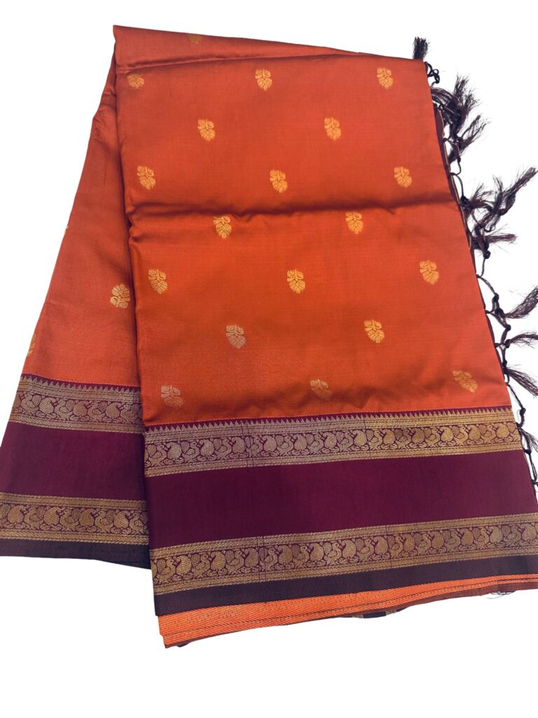 Kanchipuram Soft Silk Saree Orange with Maroon Retta Petta Border | Rich Zari Pallu Saree | Traditional South | Festive Silk Saree
