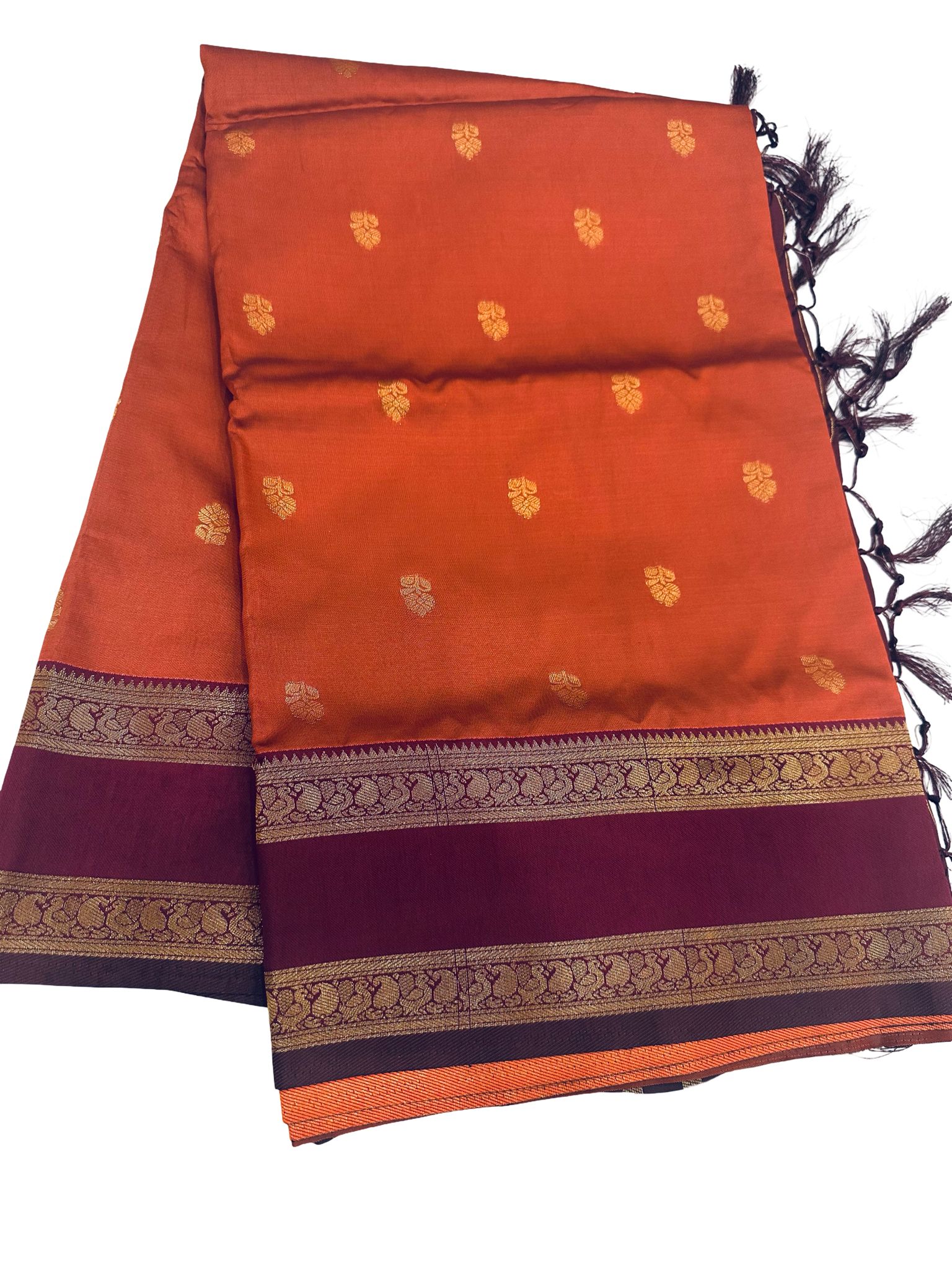 Kanchipuram Soft Silk Saree Orange with Maroon Retta Petta Border | Rich Zari Pallu Saree | Traditional South | Festive Silk Saree - Image 4
