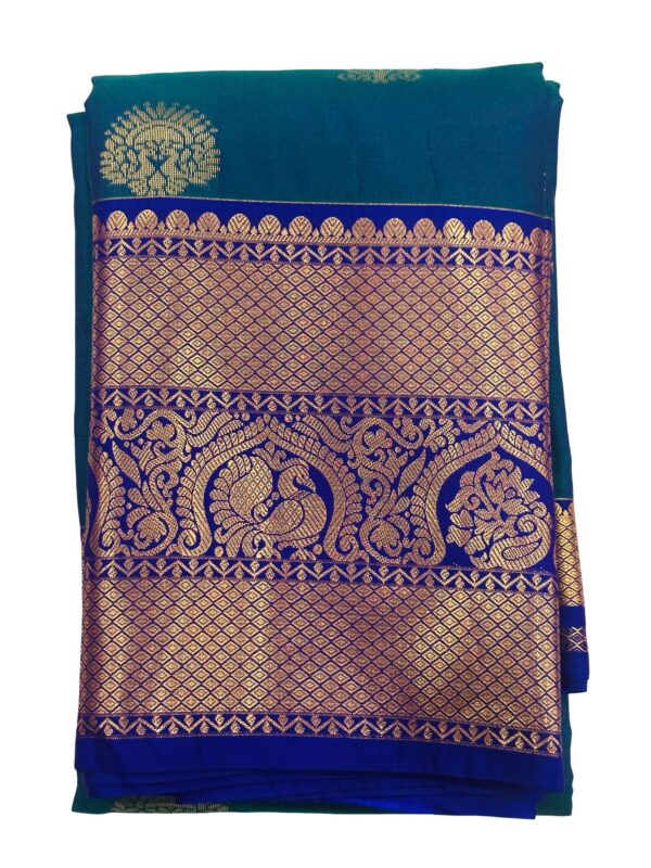 Peacock Green Kanchipuram Semi Silk Saree with Purple Border, Buttery Soft Silk Saree, Rich Zari Pallu, Traditional South, Festive Wear - Image 4