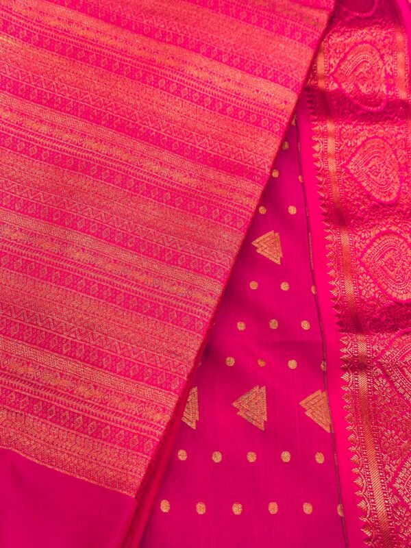 Rani Pink Kanchipuram Semi Silk Saree, Gold Zari Butta Saree, Triangle Motif Silk Saree, Wedding Party , Traditional South, Festive Wear - Image 5