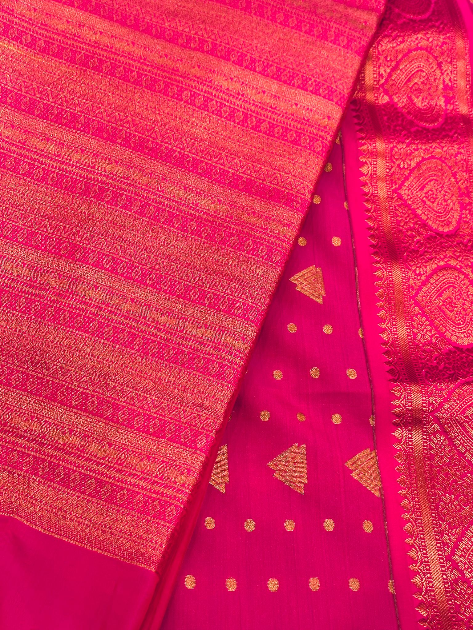 Rani Pink Kanchipuram Semi Silk Saree, Gold Zari Butta Saree, Triangle Motif Silk Saree, Wedding Party , Traditional South, Festive Wear - Image 5