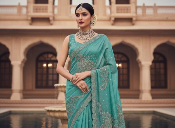 Party Wear Embellished saree with sequin Jarkhan Work | Teal blue & Skyblue - Image 2