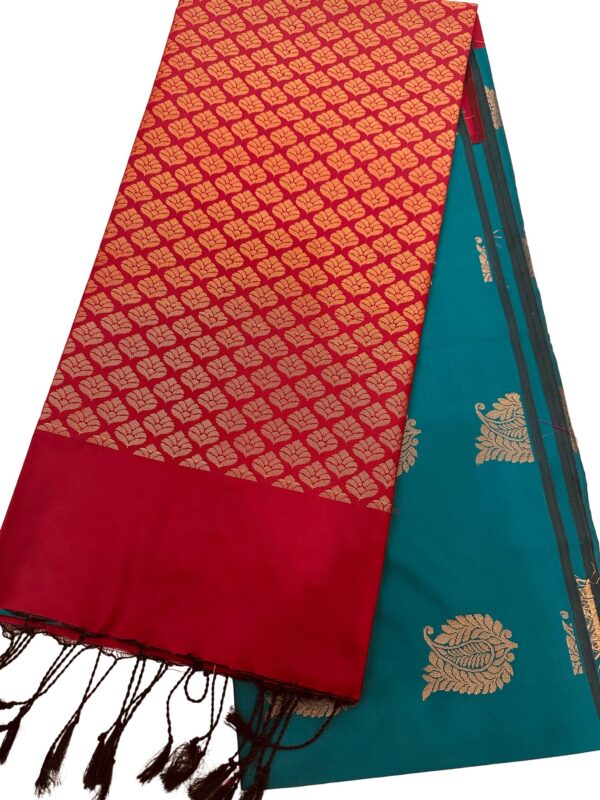 Teal Green Silk Saree with Red Zari Border, Kanchipuram Style Saree, Traditional Indian Wedding Saree, Paisley Butta, Festive Party Wear - Image 3